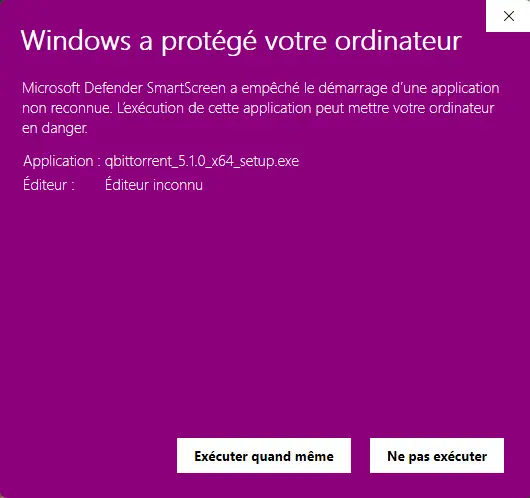 Pop-up Windows : exécuter qBittorrent malgré l'avertissement de sécurité