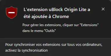 Fenêtre contextuelle de confirmation pour l’ajout de l’extension uBlock Origin Lite dans Chrome
