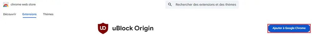 Page de téléchargement de l’extension uBlock Origin sur le Chrome Web Store.