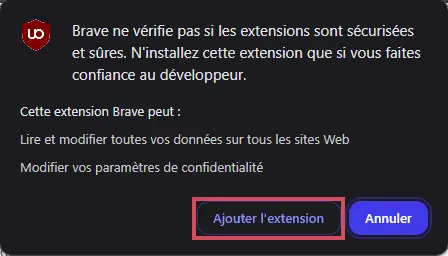 Fenêtre contextuelle de demande d’ajout de l’extension uBlock Origin dans Chrome