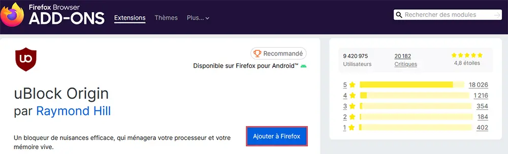 Page d’installation d’uBlock Origin sur le site Firefox Add-ons.