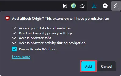 Fenêtre de confirmation pour l’ajout de l’extension uBlock Origin dans Firefox.
