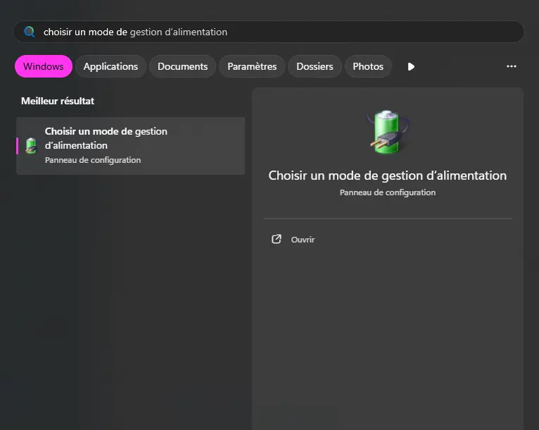 Fenêtre de recherche Windows avec le résultat 'Choisir un mode de gestion d’alimentation' sélectionné