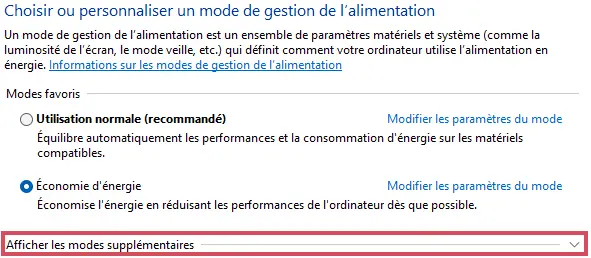 Options d’alimentation Windows avec les modes 'Utilisation normale' et 'Économie d’énergie' disponibles