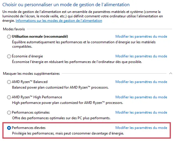 Options d’alimentation Windows montrant le mode supplémentaire 'Performances élevées' activé
